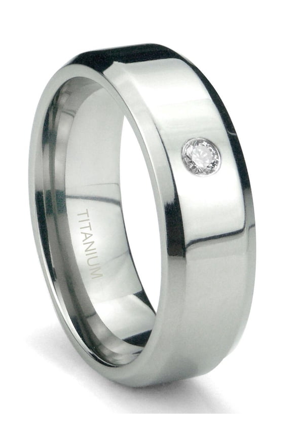 Titanium 6mm Solitaire Diamond High Polish Beveled Comfort Fit Mens Wedding Band Ring Sz 10.0