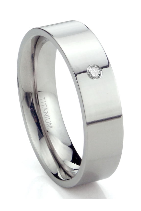 Titanium 6mm Solitaire Diamond High Polish Flat Comfort Fit Mens Wedding Band Ring Sz 10.5