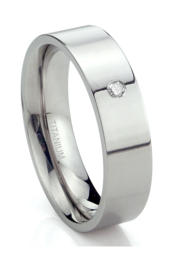 Titanium 6mm Solitaire Diamond High Polish Flat Comfort Fit Mens Wedding Band Ring Sz 11.0