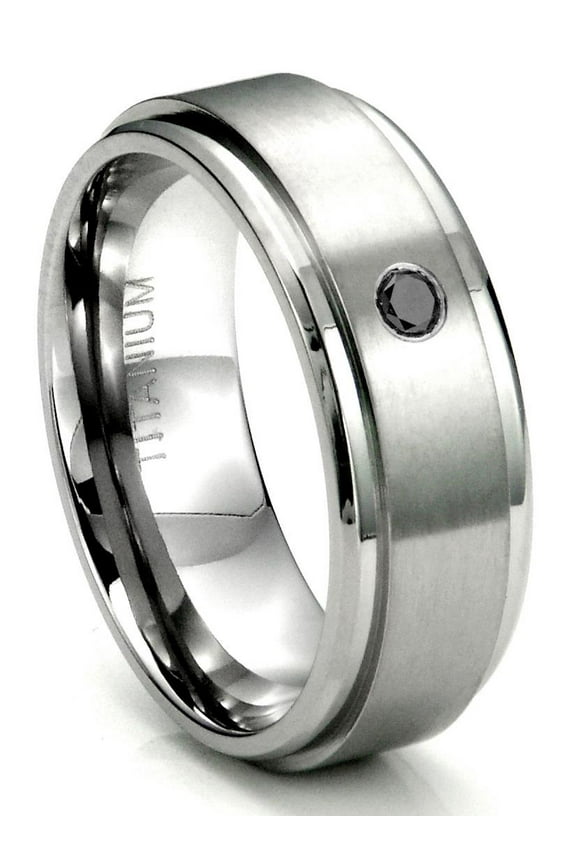 Titanium 8mm Solitaire Black Diamond Comfort Fit Mens Wedding Band Ring with Brush Center Sz 7.0