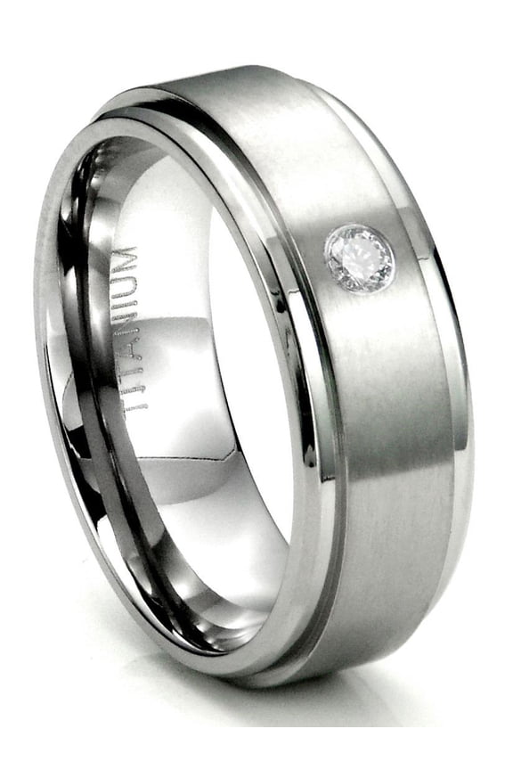 Titanium 8mm Solitaire Diamond Comfort Fit Mens Wedding Band Ring with Brush Center Sz 11.0