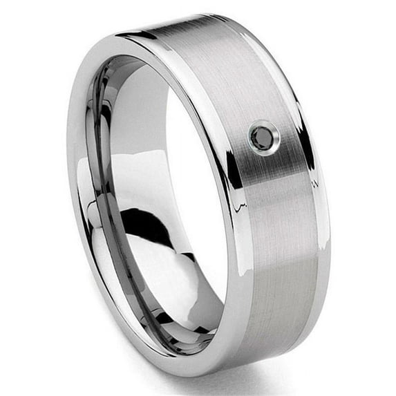 Titanium Kay Tungsten Carbide 8MM Flat Black Diamond Comfort Fit Mens Wedding Band Ring with Brush Center Sz 13.5