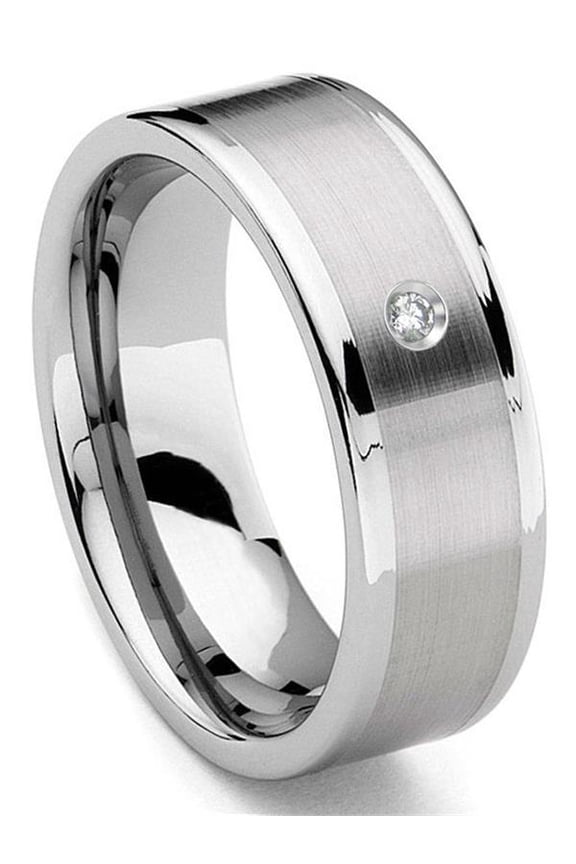 Tungsten Carbide 8MM Flat Diamond Comfort Fit Mens Wedding Band Ring with Brush Center Sz 10.0