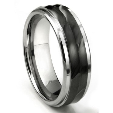 8mm Gun Metal Tungsten Carbide Wedding Band with Black Sapphires 5 at Ringmen Jewelry