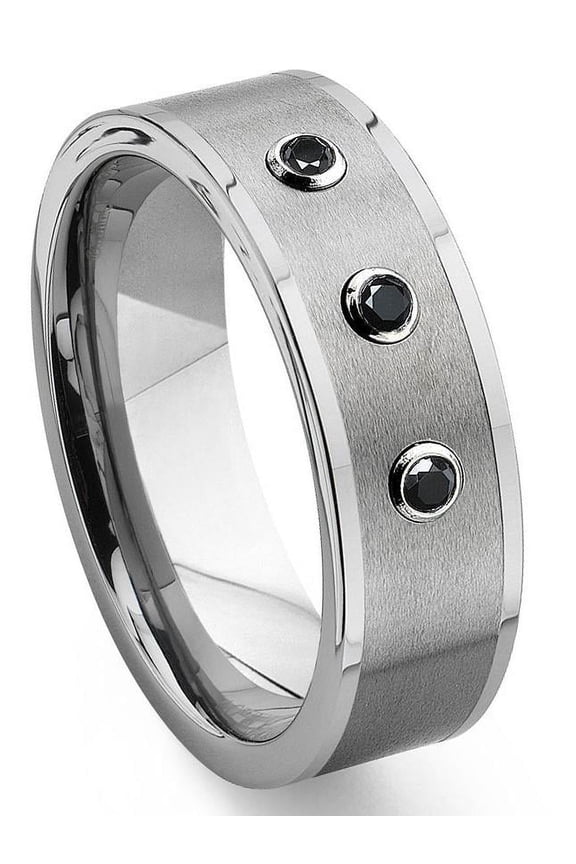 Tungsten Carbide Black Diamond Flat Top Comfort Fit Mens Wedding Band Ring Sz 12.0