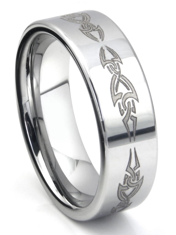 Tungsten Carbide Comfort Fit Mens Wedding Band Ring with Laser Engraved Tribal Design (8mm) Sz 8.5