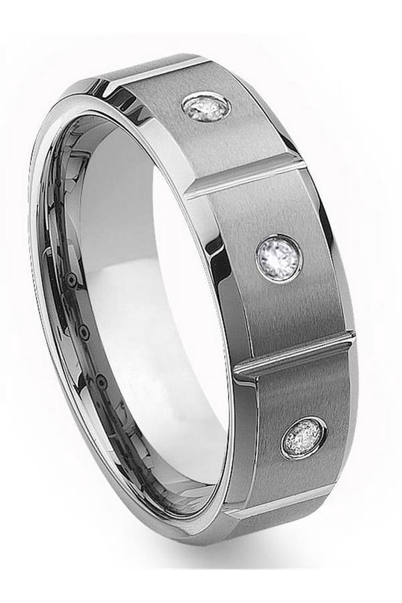 Tungsten Carbide Diamond Comfort Fit Mens Wedding Band Ring 8mm with Grooves (0.10ctw) Sz 9.0