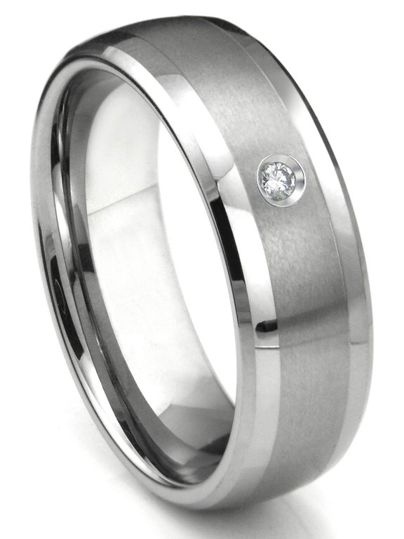 Tungsten Carbide Diamond Matte Finish Center Dome Men's Comfort Fit Wedding Band Ring with Bevel Edges Sz 9.0