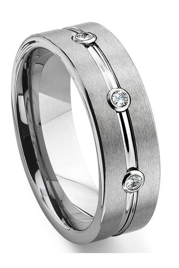 Tungsten Carbide Diamond Ribbed Comfort Fit Mens Wedding Band Ring Sz 10.0