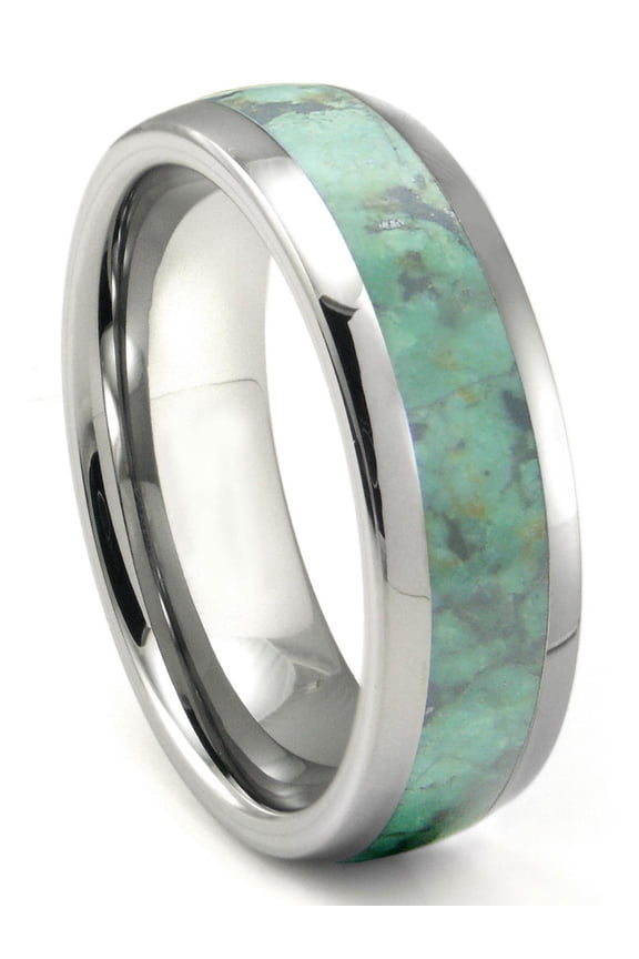 Tungsten Carbide Emerald Green Metamorphic Stone Inlay Dome Comfort Fit Mens Wedding Band Ring Sz 8.5