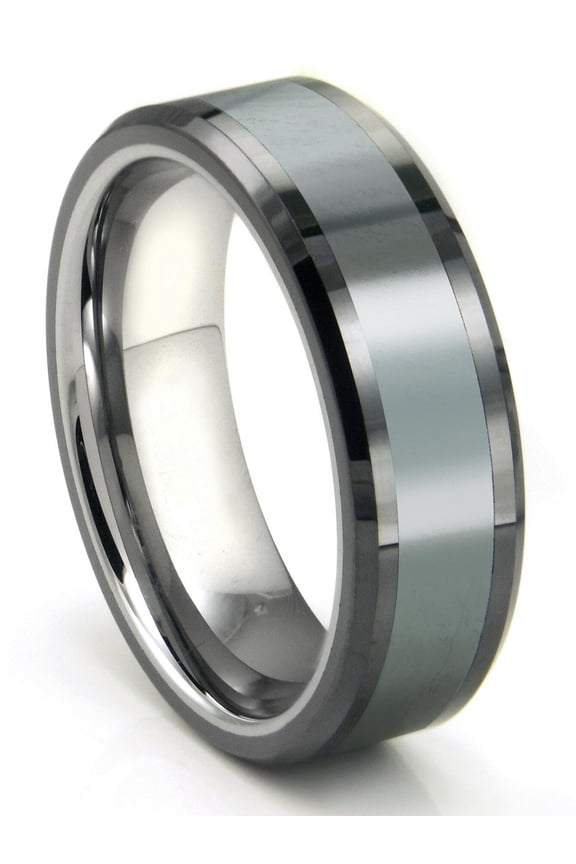 Tungsten Carbide Grey Meteorite Inlay Comfort Fit Mens Wedding Band Ring Sz 7.5