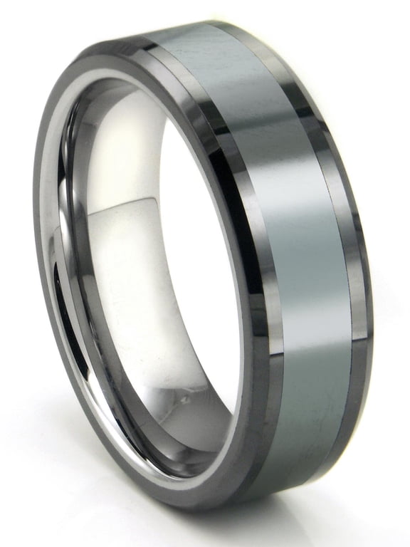 Tungsten Carbide Grey Meteorite Inlay Comfort Fit Mens Wedding Band Ring Sz 7.5