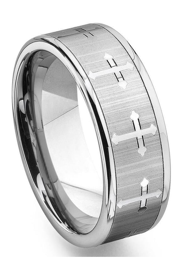 Tungsten Carbide Men's Wedding Band Ring (7.5mm) with Cross Design Sz 9.0