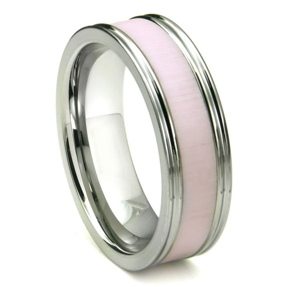 Titanium Kay Tungsten Carbide Pink Ceramic Inlay Wedding Band Ring with Horizontal Satin Finish Sz 10.0