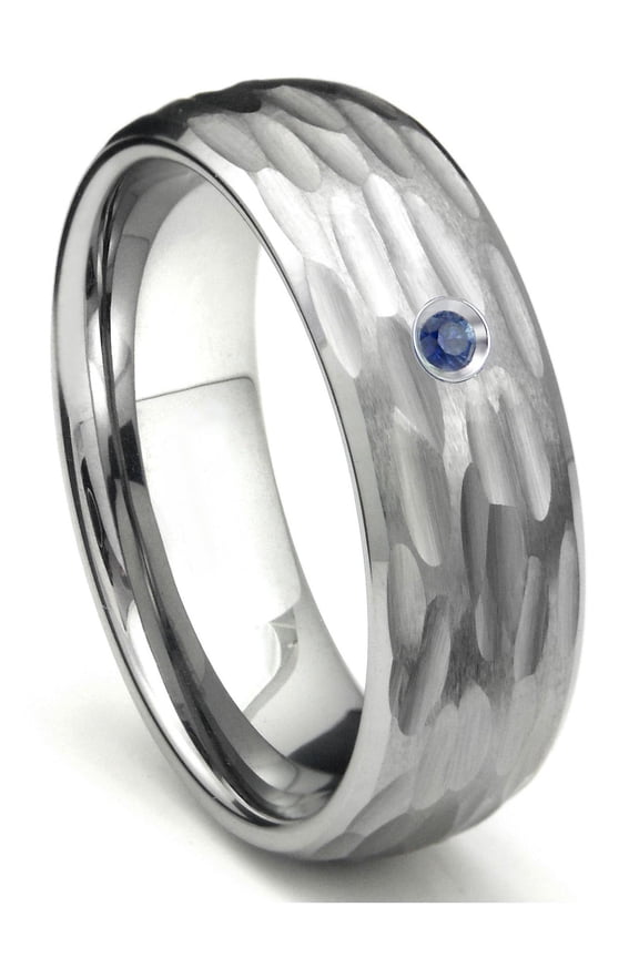 Tungsten Carbide Sapphire Hammer Finish Dome Men's Comfort Fit Wedding Band Ring Sz 10.0