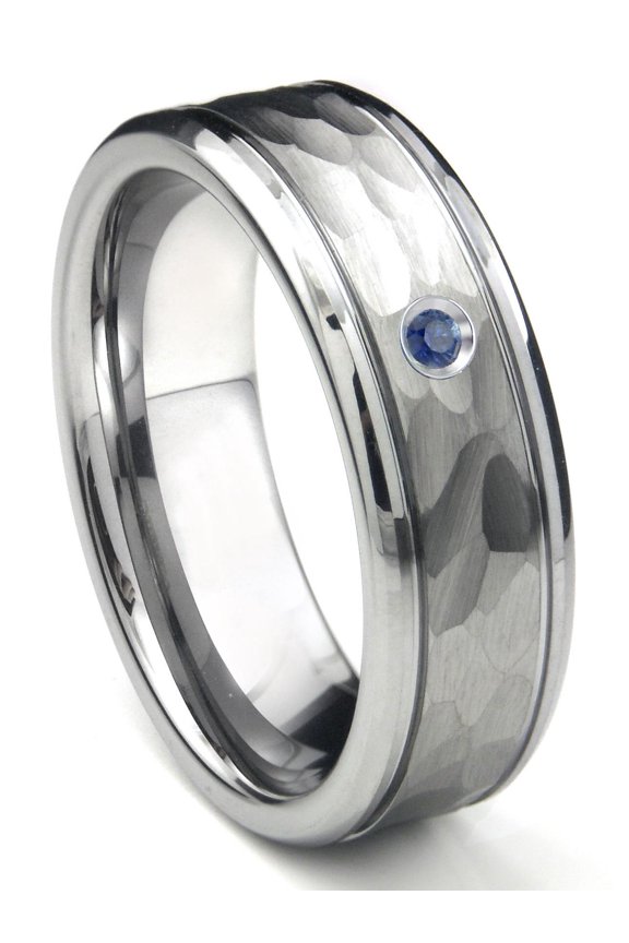 Tungsten Carbide Sapphire Hammer Finish Newport Men's Comfort Fit Wedding Band Ring Sz 10.0