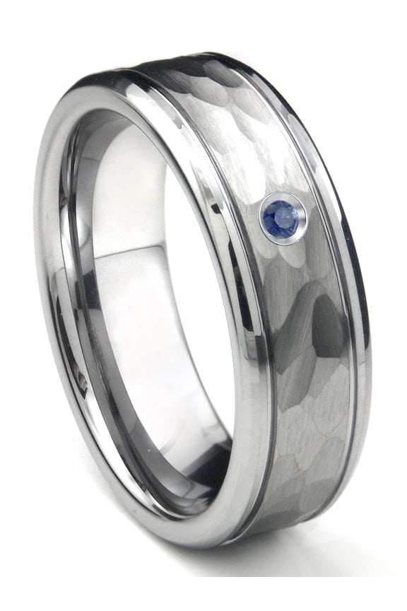 Tungsten Carbide Sapphire Hammer Finish Newport Men's Comfort Fit Wedding Band Ring Sz 9.0