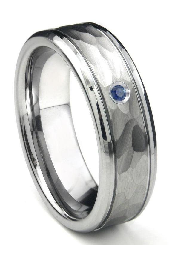 Tungsten Carbide Sapphire Hammer Finish Newport Men's Comfort Fit Wedding Band Ring Sz 9.5
