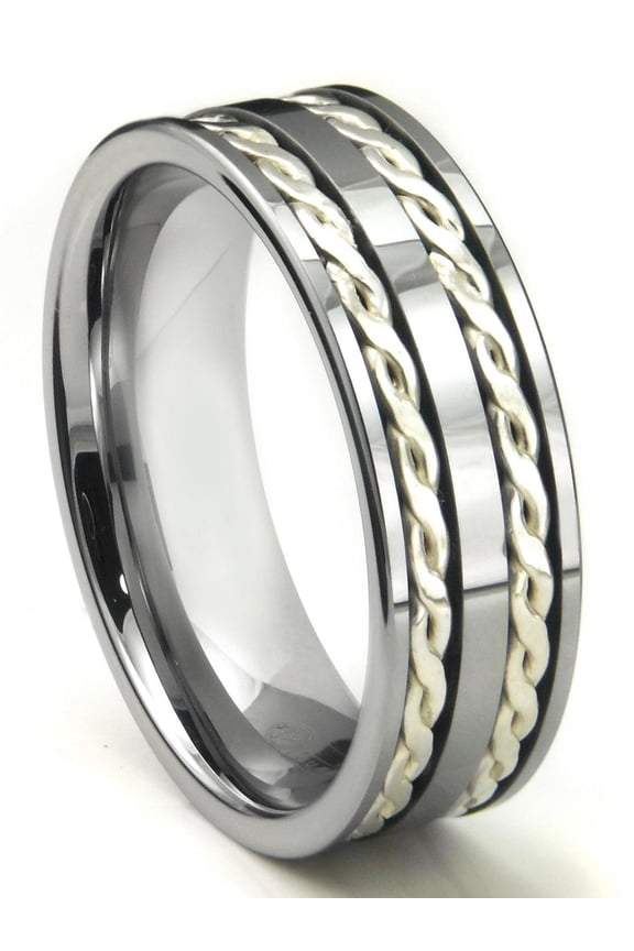 Tungsten Carbide Silver Rope Comfort Fit Mens Wedding Band Ring Sz 8.5