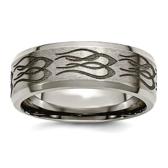 Titanium Laser Etched Beveled Edge 8mm Brushed and Polished Band Ring Size 9 Ring for Women and Men