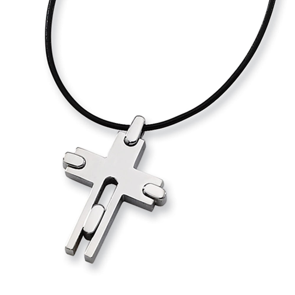 Titanium Leather Cord Cross 18in Necklace