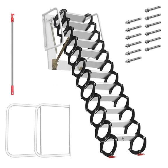 Titanium-Magnesium Alloy Wall-Mounted Folding Attic Ladder, 1102 lbs Load Capacity, 118in Vertical Height, Retractable Scissor Stair with Handrail & Anti-Slip Pedal for Loft, Storage Room Access