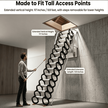 Titanium Magnesium Alloy Wall-Mounted Folding Attic Staircase, 1102 lbs Load Capacity, 118in Height 12-Step with Non-Slip Black & White Treads for Attic, Loft and Storage Room