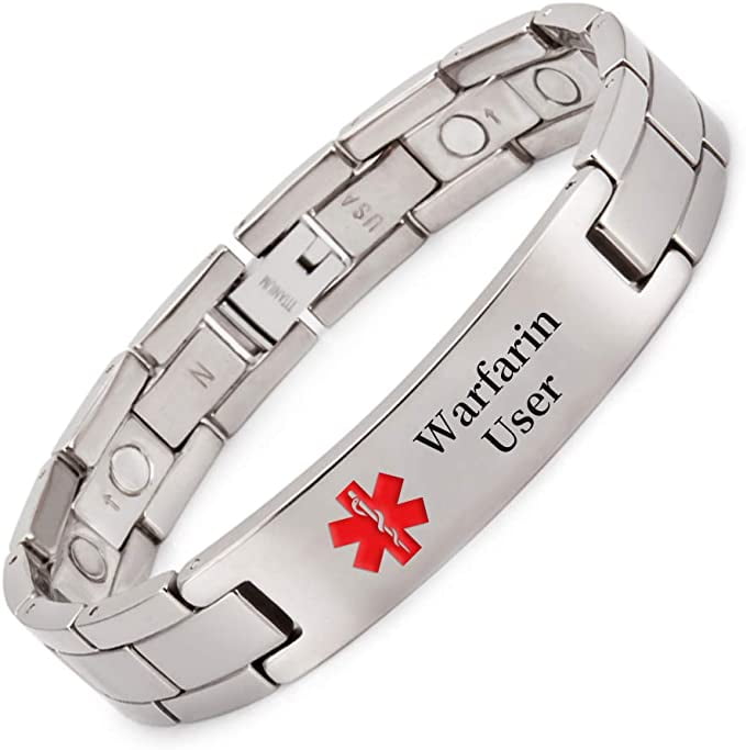 Titanium Medical Alert Bracelet for Men ID Bangle Personalised 22CM/13MM (Warfarin User