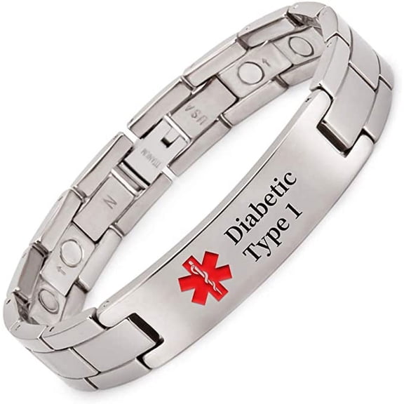 Titanium Medical Alert Bracelet for Men ID Bangle Personalised 8.66 inches /0.51 inches (Diabetic Type 1)