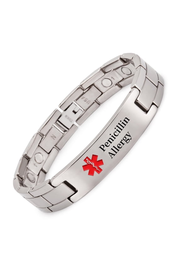 Titanium Medical Alert Bracelet for Men, Pre Engraved -Penicillin Allergy, Magnetic Jewelry Gift for Dad, ID Bangle Personalized 8.66'', Width：0.5''