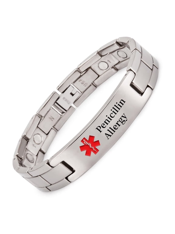 Titanium Medical Alert Bracelet for Men, Pre Engraved -Penicillin Allergy, Magnetic Jewelry Gift for Dad, ID Bangle Personalized 8.66'', Width:0.5''