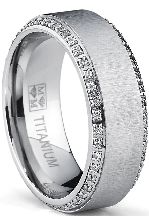 Titanium Mens Brushed Wedding Band Ring Simulated Diamond Cubic Zirconia Two Row Eternity Ring Simulated Diamond 8mm