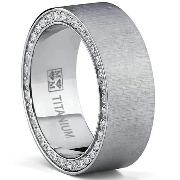 Titanium Mens Brushed Wedding Band Ring Simulated Diamond Cubic Zirconia Two Row Pave-Set Eternity