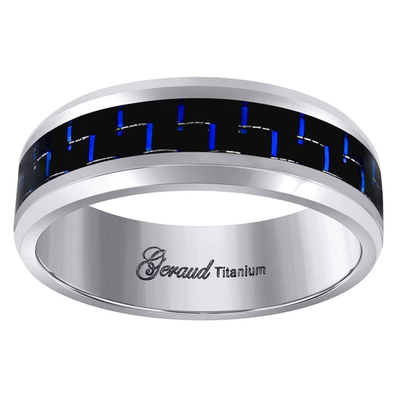 Titanium Mens Black and Blue Carbon Fiber Inlay Comfort-Fit Wedding Band 8mm Size 13 Wedding Band for Men