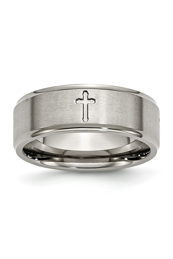 Titanium Mens Christian Cross Ring with Brushed Center and Polished Edges, Laser Faith Band for Religious or Spiritual Wedding or Promise