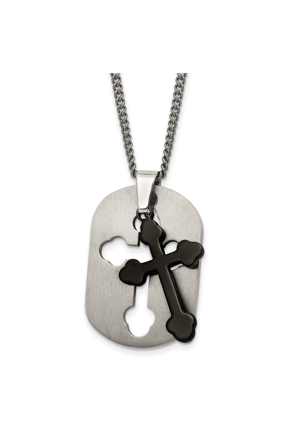 Titanium Black Cross Dog Tag Pendant Necklace, 22 in Stainless Steel Chain for Men
