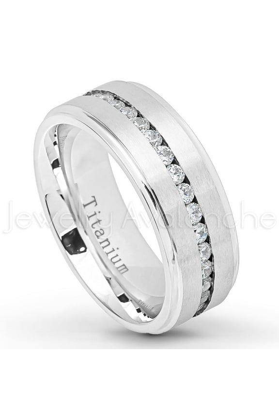 Titanium Mens Wedding Band - Comfort Fit Brushed Finish White IP Eternity CZ Center Anniversary Ring