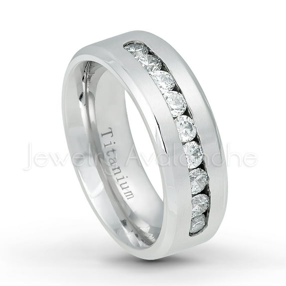 Jewelry Avalanche Titanium Mens Wedding Band - Comfort Fit Brushed Finish White IP with 9 Channel CZ Titanium Anniversary Ring