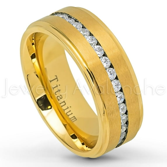 Titanium Mens Wedding Band - Comfort Fit Brushed Finish Yellow Gold IP Eternity CZ Center Titanium Anniversary Ring -#586WFs10.5