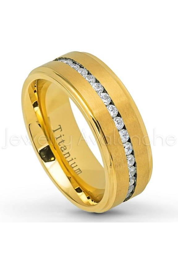 Titanium Mens Wedding Band - Comfort Fit Brushed Finish Yellow Gold IP Eternity CZ Center Titanium Anniversary Ring -#586WFs11