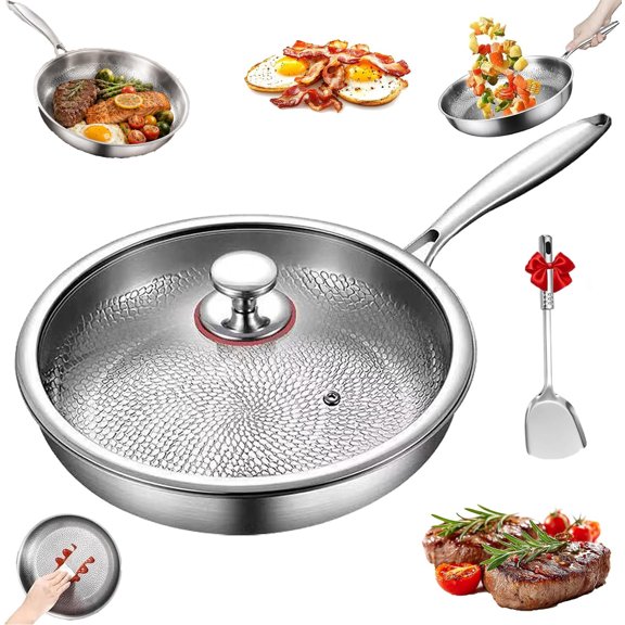 Titanium Nonstick Frying Pan with Lid, 5-Layer Titanium Composite Cooking Pan, Hammered Textured Surface, Scratch-Resistant Multifunctional Skillet for Everyday Cooking