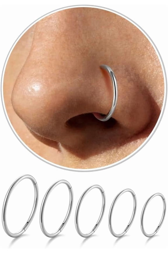 Titanium Nose Ring Hoop Set for Women Men, 5 Sizes 20G Silver Nose Rings for Sensitive Skin, Small Thin Nose Hoop Nostril Piercing, Cartilage Earrings Helix Tragus Septum Clicker Piercing, 59mm