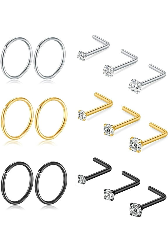 Titanium Nose Rings Hoops Studs 20G 15PCS L Shaped Screw Bone 1.5mm 2mm 2.5mm Cubic Zirconia Small Silver Black Gold Hypoallergenic Piercing Jewelry for Women Men