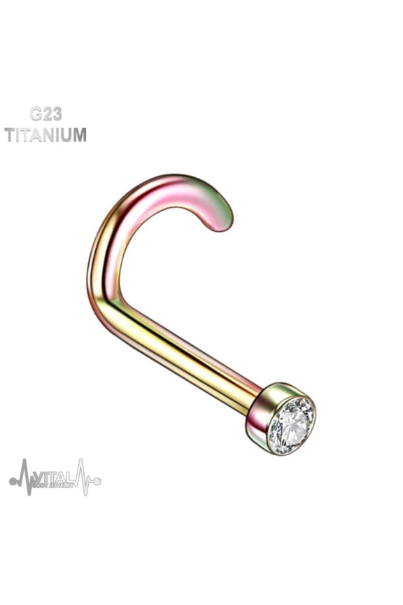 Titanium • Nose Screw Stud, 18G, 2mm Cubic Zirconia, Clear Diamond Gem. Black, Silver, Pink Gold, Gold and Rainbow • Vital Body Jewelry