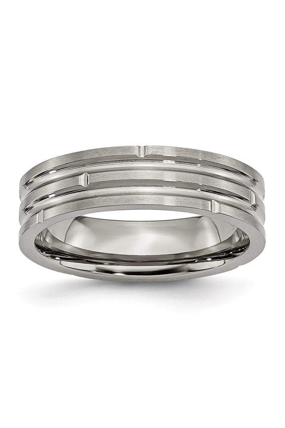 Titanium Notched and Grooved 6mm Satin Band Ring - Size 6