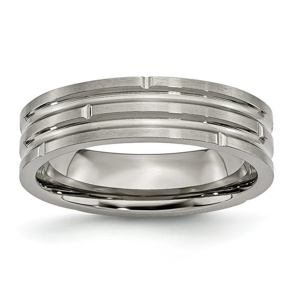 Titanium Notched and Grooved 6mm Satin Band Ring - Size 7.5