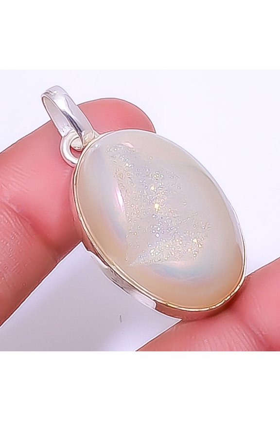 Titanium Opalite Agate Drusy 925 Sterling Silver Pendant 1.56" P7311-3, Christmas Gift, Gemstone Silver Jewelry, Drusy Quartz Pendant, New Year Sale