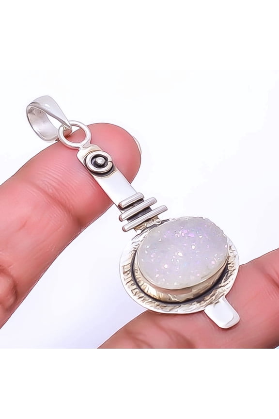 Titanium Opalite Agate Drusy 925 Sterling Silver Pendant 2.34" P7520-30, Christmas Gift, Gemstone Silver Jewelry, Drusy Quartz Pendant, New Year Sale