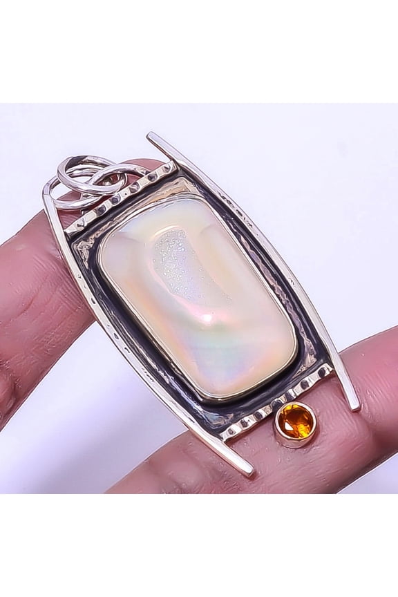 Titanium Opalite Agate Druzy & Citrine 925 Sterling Silver Pendant 2.15" A390, Christmas Gift, Gemstone Silver Jewelry, Druzy Pendant, New Year Sale