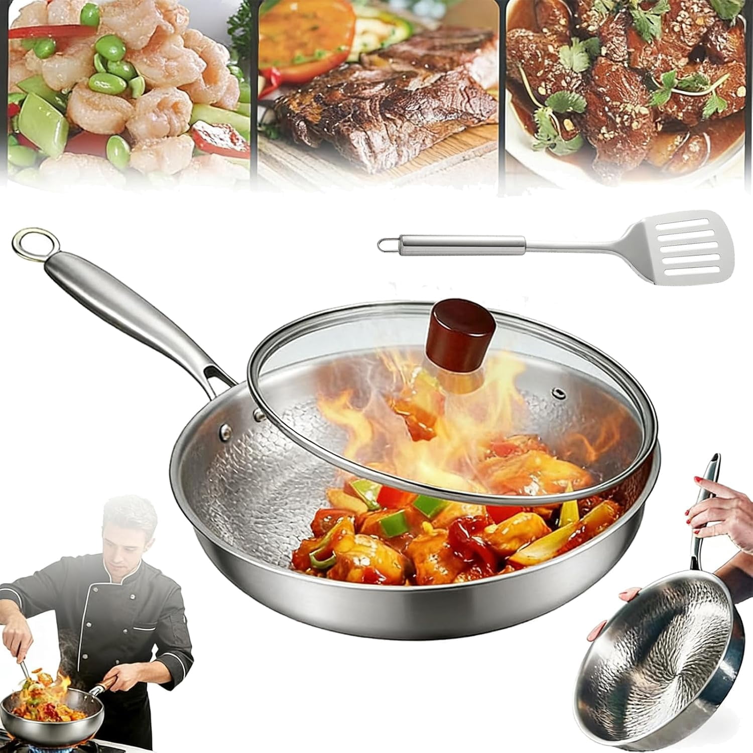 Titanium Pan, 12" 100% Pure Titanium Frying Pan with Lid, Hammered Non-Stick Skillet for All Stovetops, Professional Lightweight Cookware for Healthy Searing & Daily Cooking (10.23 in, With Lid)